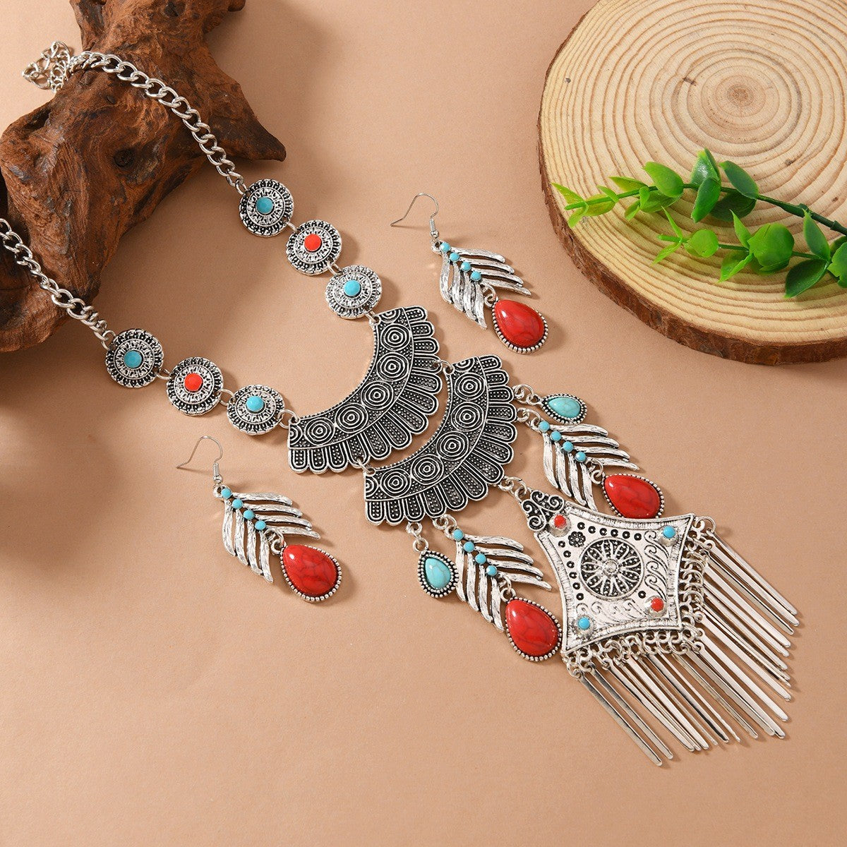 Boho Vintage Leaf Tassel Necklace & Earring Set