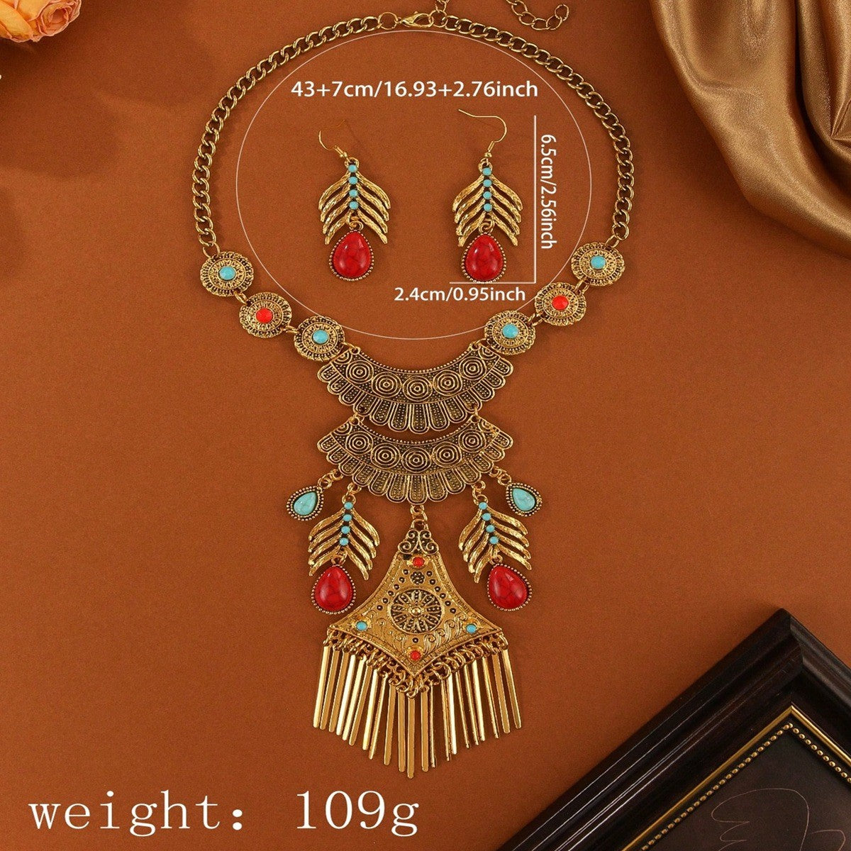 Boho Vintage Leaf Tassel Necklace & Earring Set