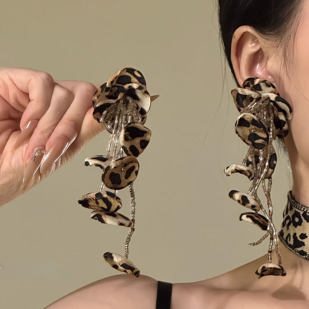 Vintage Leopard Print Acrylic Flower Tassel Earrings