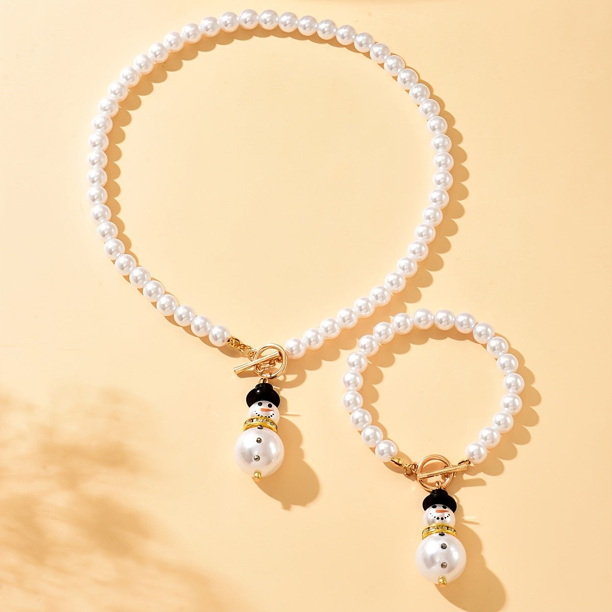Festive Snowman Pearl Necklace Set