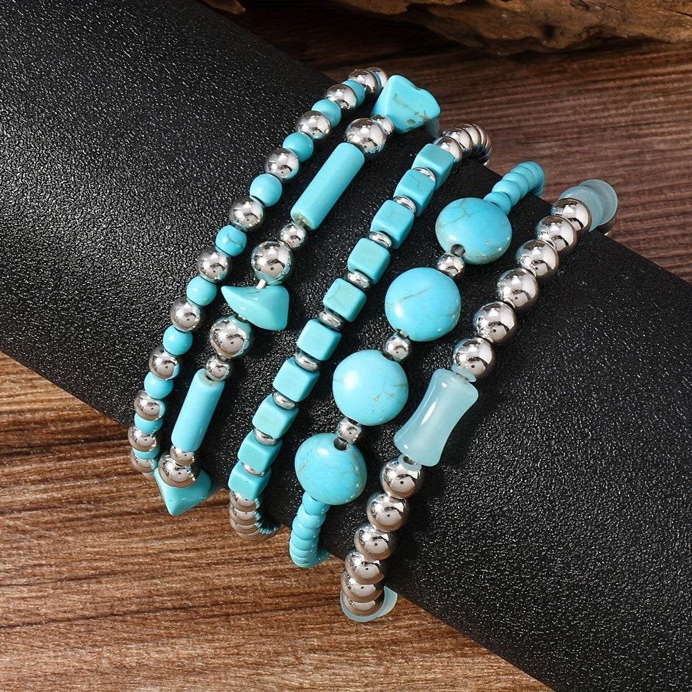 Boho Layered Turquoise Bead Bracelet Set