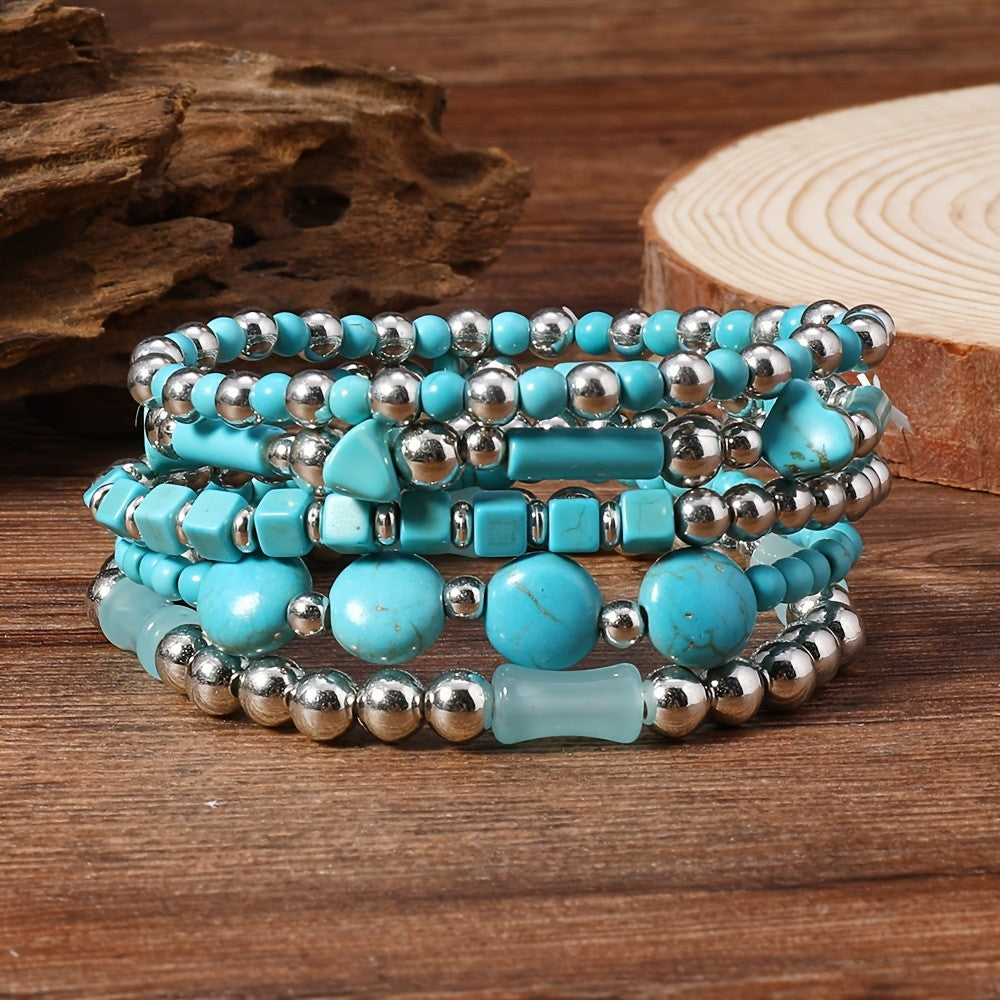 Boho Layered Turquoise Bead Bracelet Set
