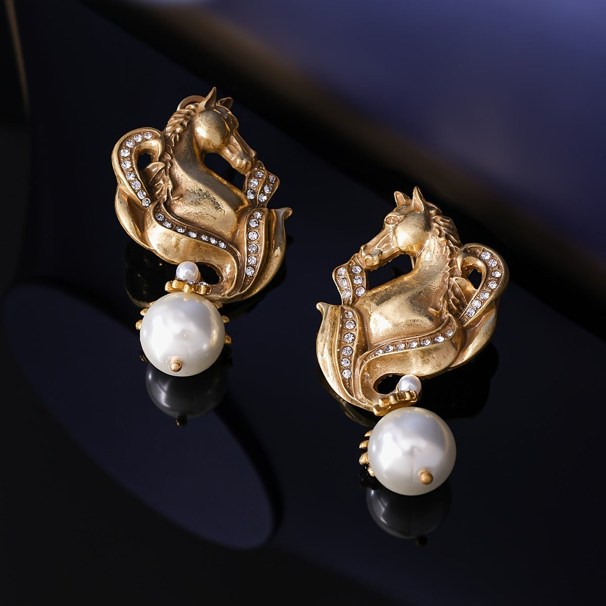 Vintage Elegant Horse Pearl Drop Earrings
