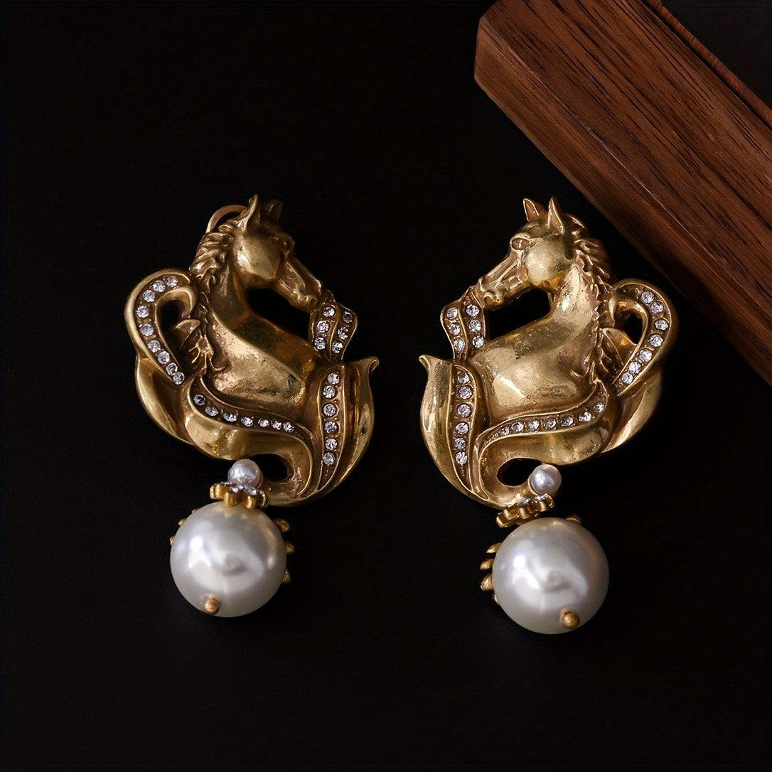 Vintage Elegant Horse Pearl Drop Earrings