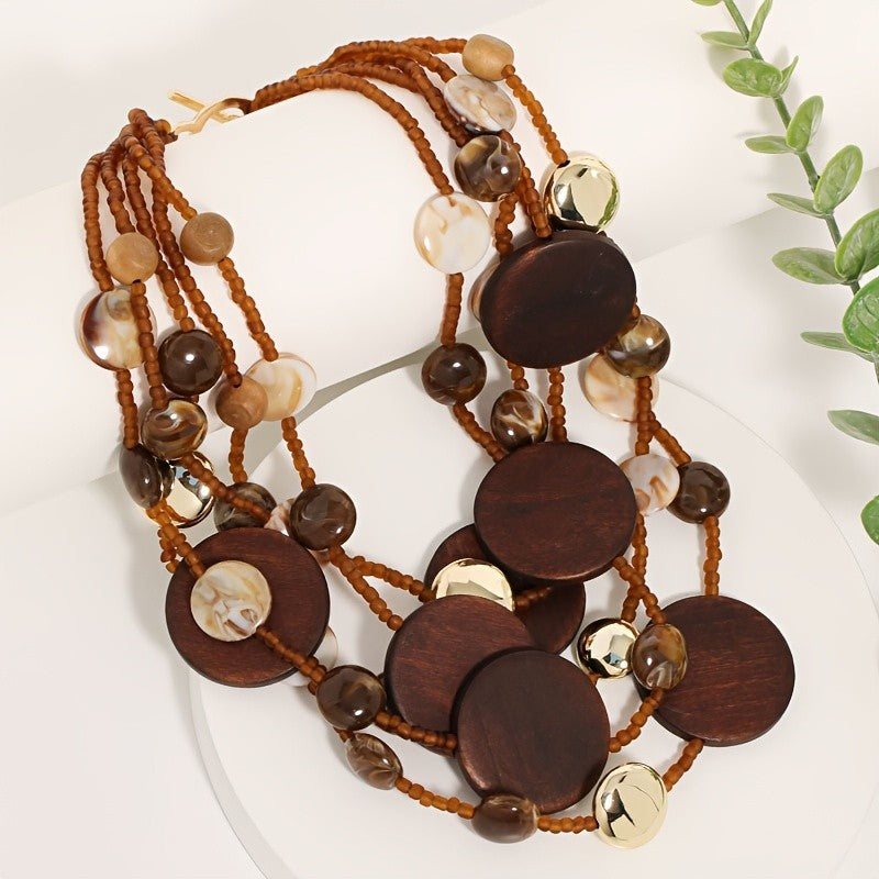 Boho Vintage Wood & Shell Multi-Layer Necklace