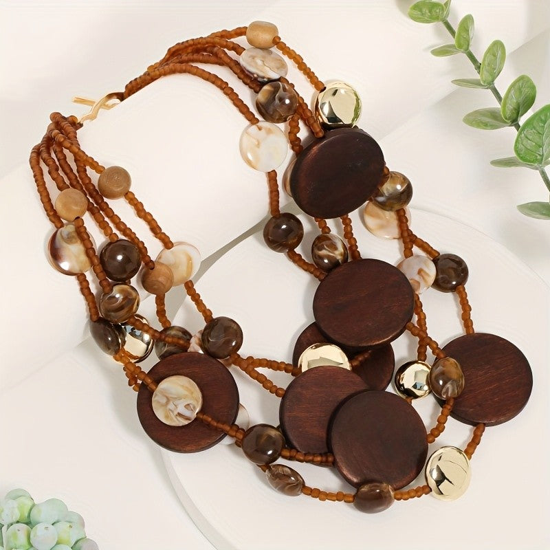 Boho Vintage Wood & Shell Multi-Layer Necklace