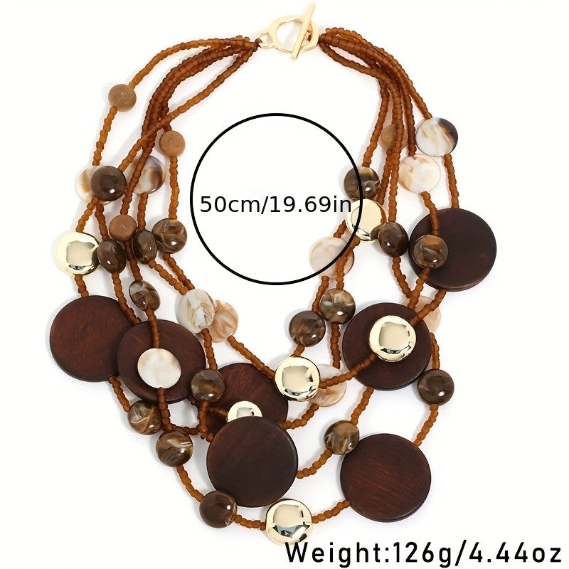 Boho Vintage Wood & Shell Multi-Layer Necklace
