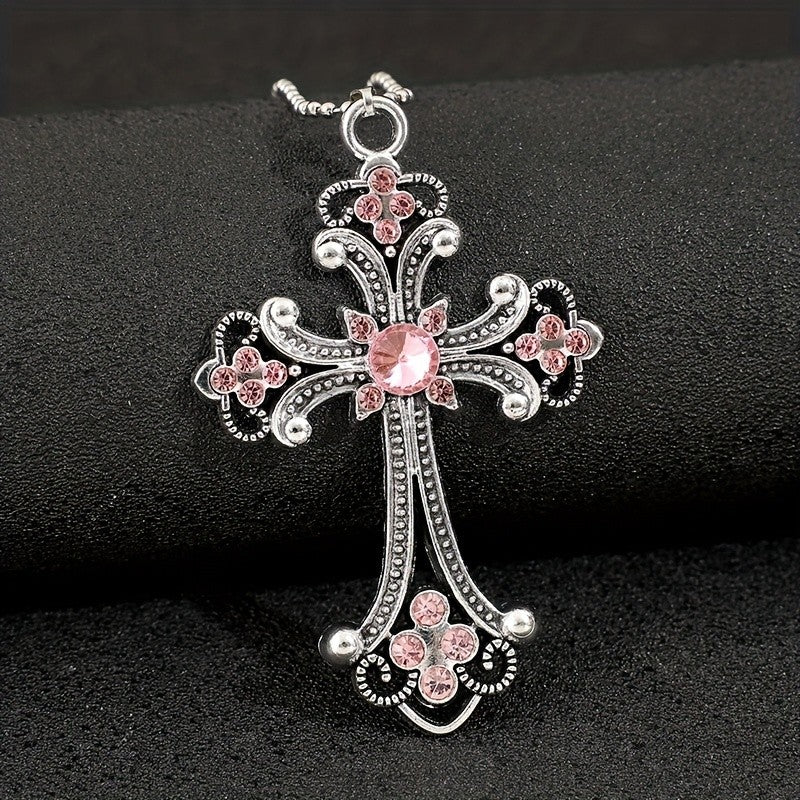 Romantic Pink Gemstone Cross Necklace