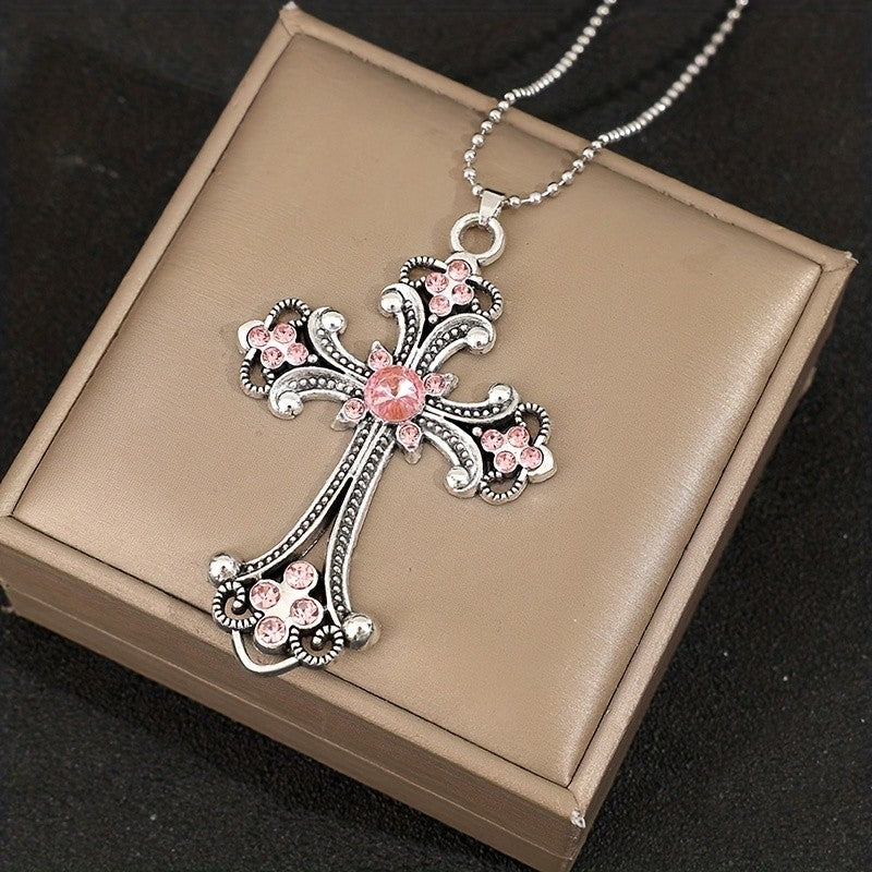 Romantic Pink Gemstone Cross Necklace