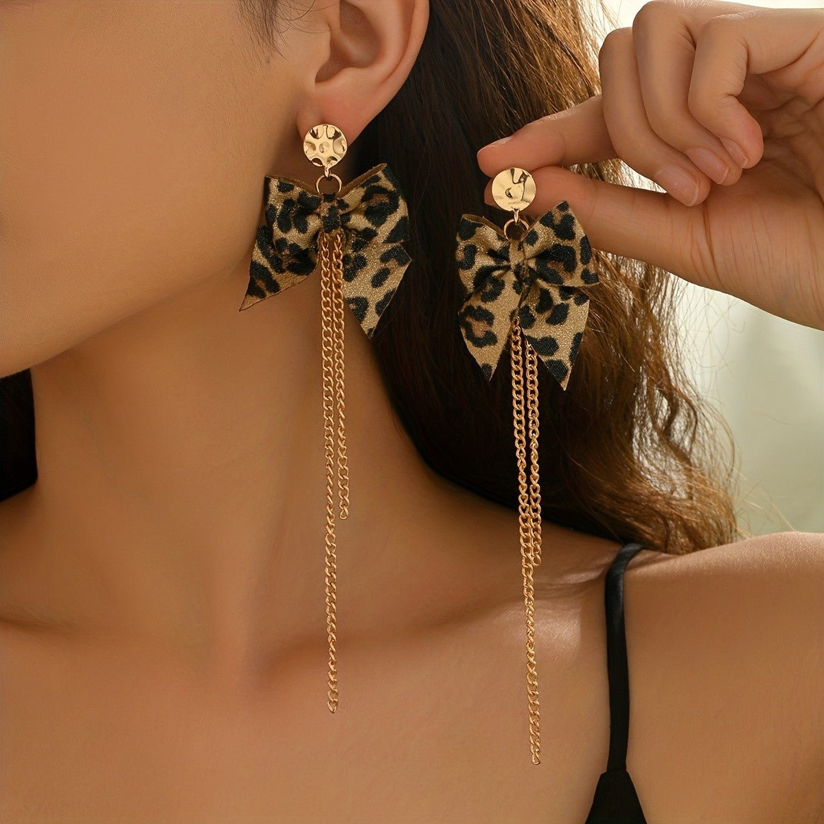 Leopard Print Bow Tassel Chain Earrings