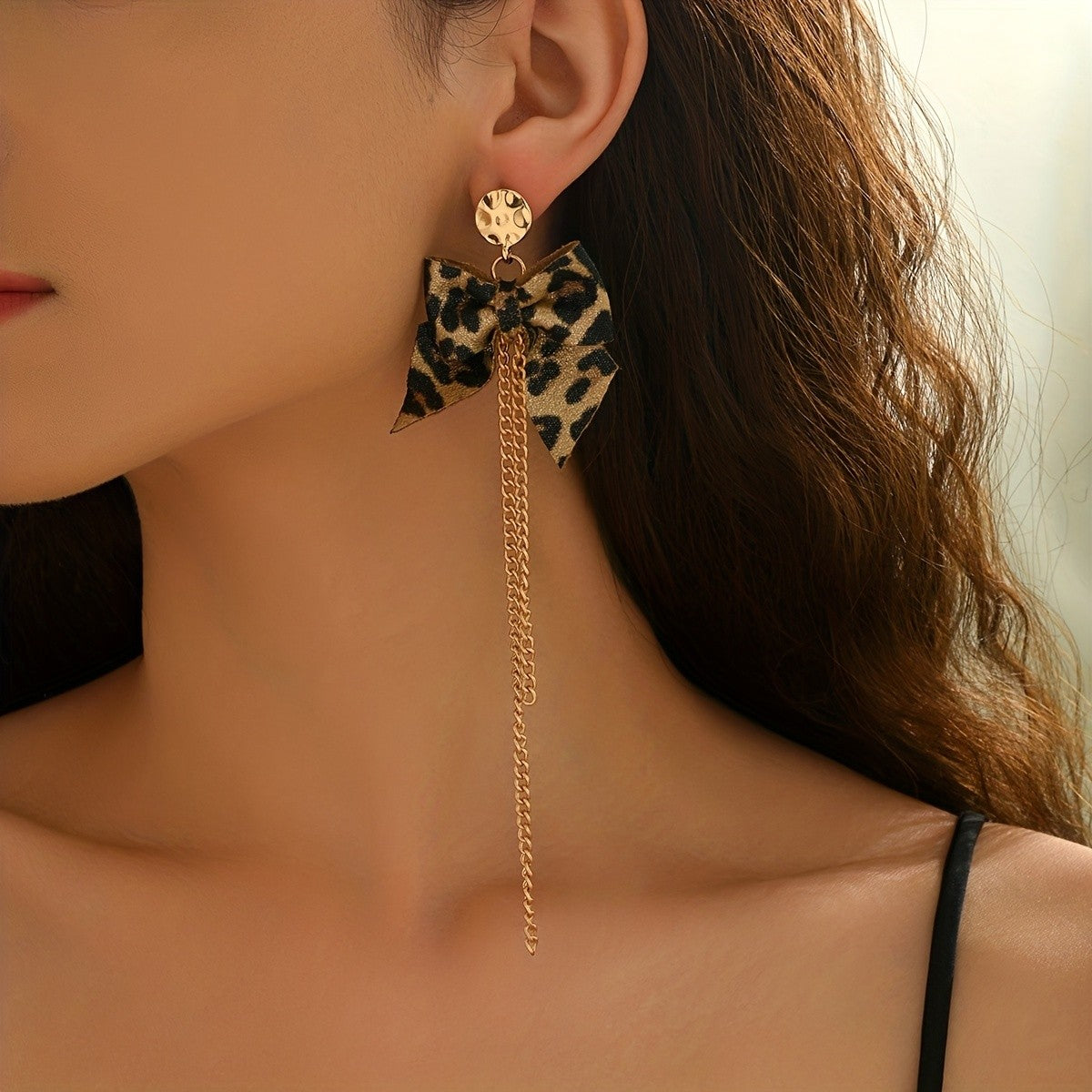 Leopard Print Bow Tassel Chain Earrings