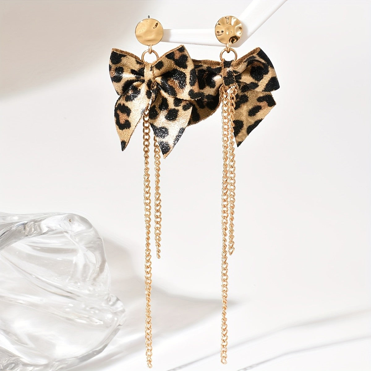 Leopard Print Bow Tassel Chain Earrings