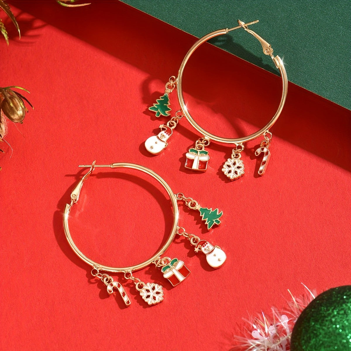 Elegant Christmas Charm Hoop Earrings