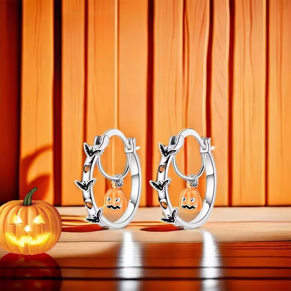 Playful Halloween Bat Pumpkin Hoop Earrings