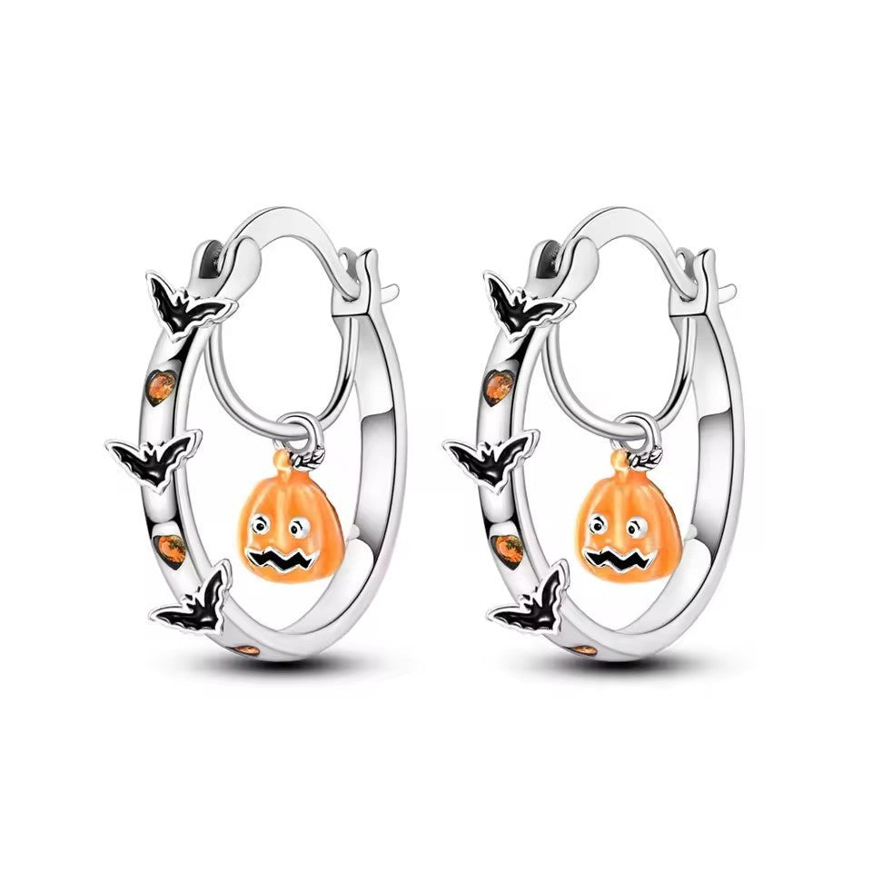 Playful Halloween Bat Pumpkin Hoop Earrings