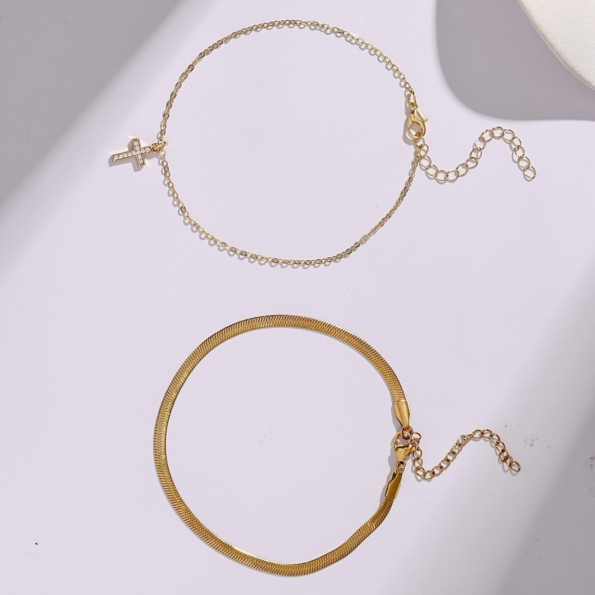 18k Dainty Cross Cuff Anklet Set