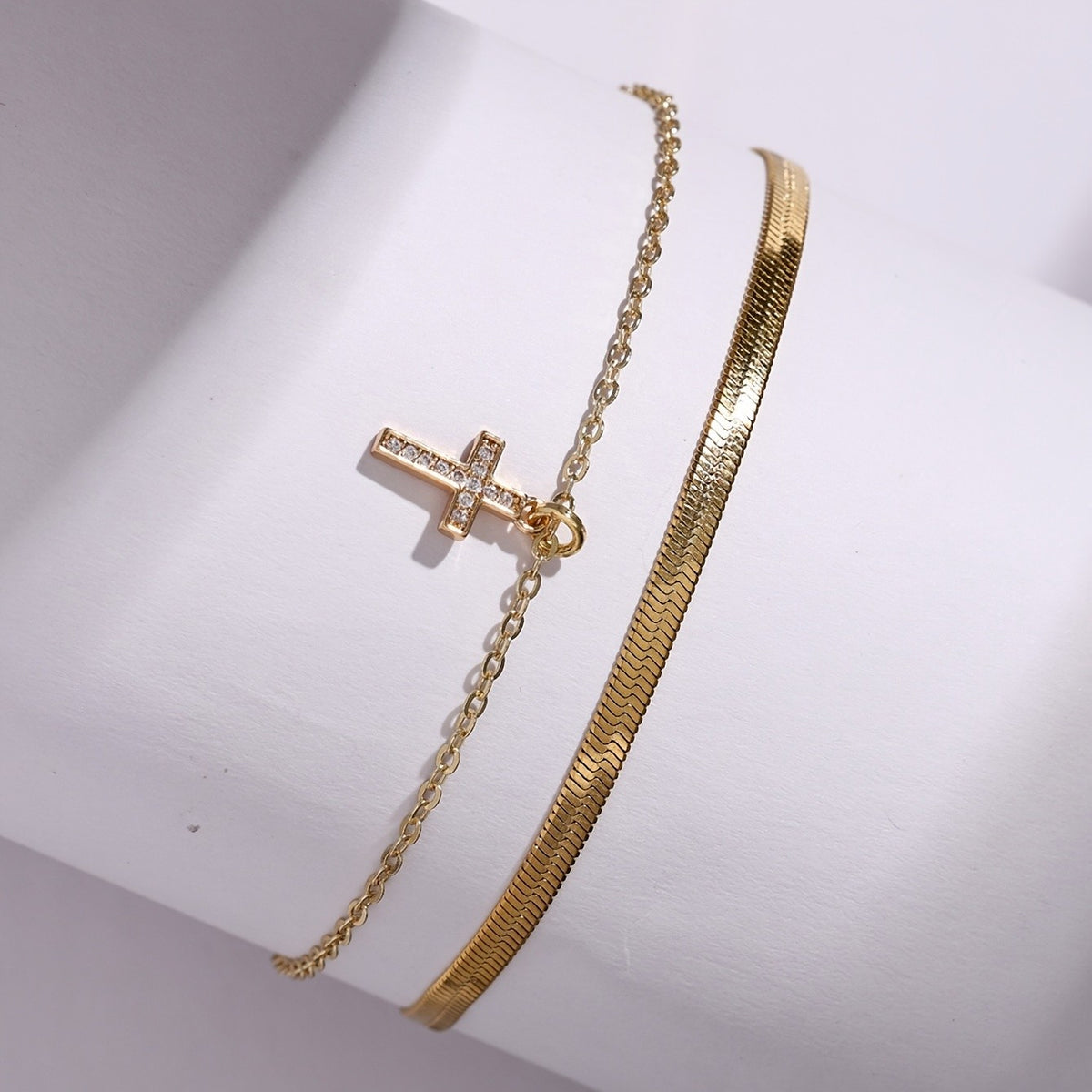 18k Dainty Cross Cuff Anklet Set