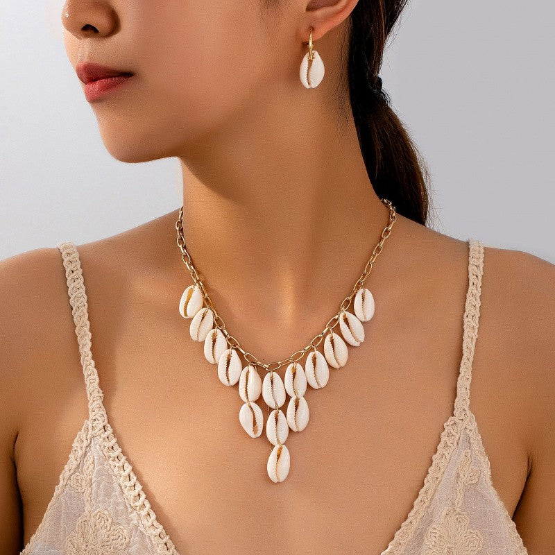 S925 Boho Cowrie Shell Necklace & Earring Set
