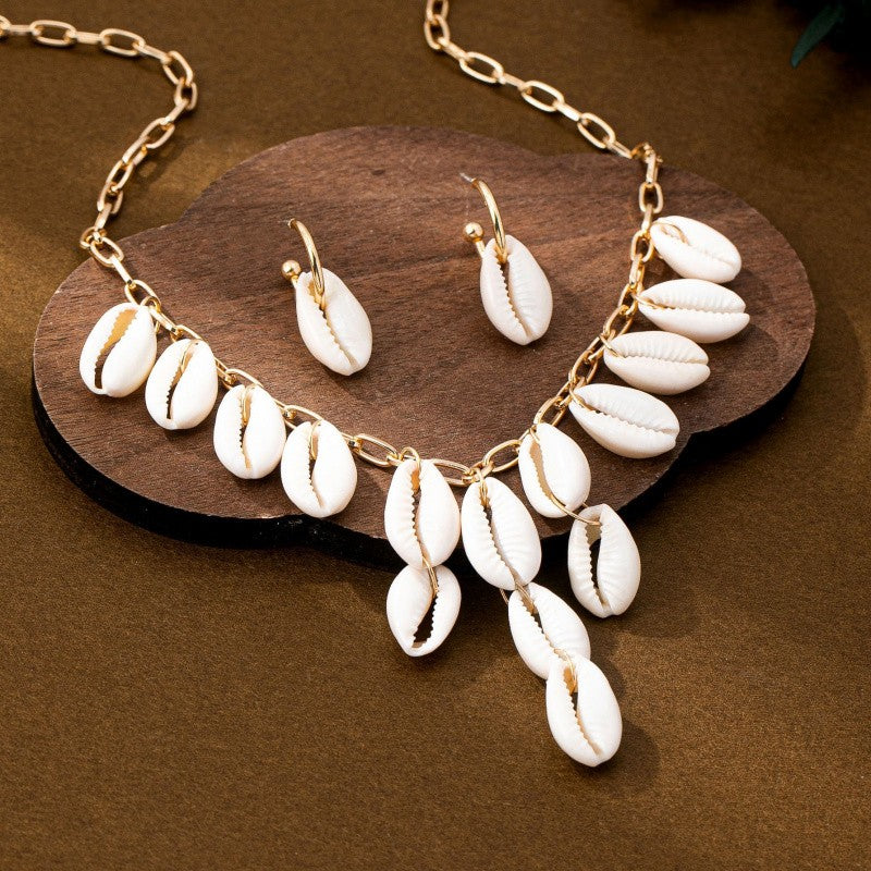 S925 Boho Cowrie Shell Necklace & Earring Set