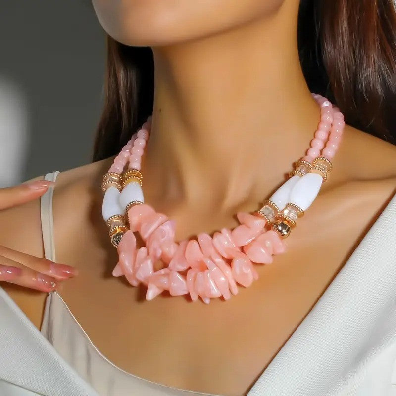 Boho Pink Resin Stone Layered Necklace