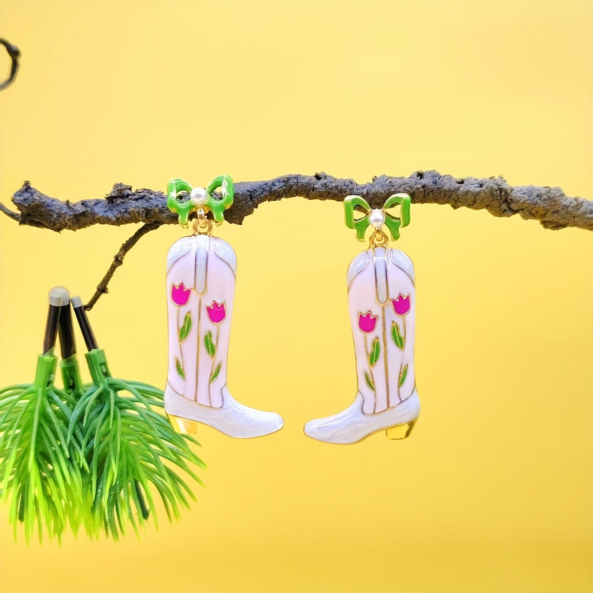 18k Dainty Floral Cowboy Boot Earrings