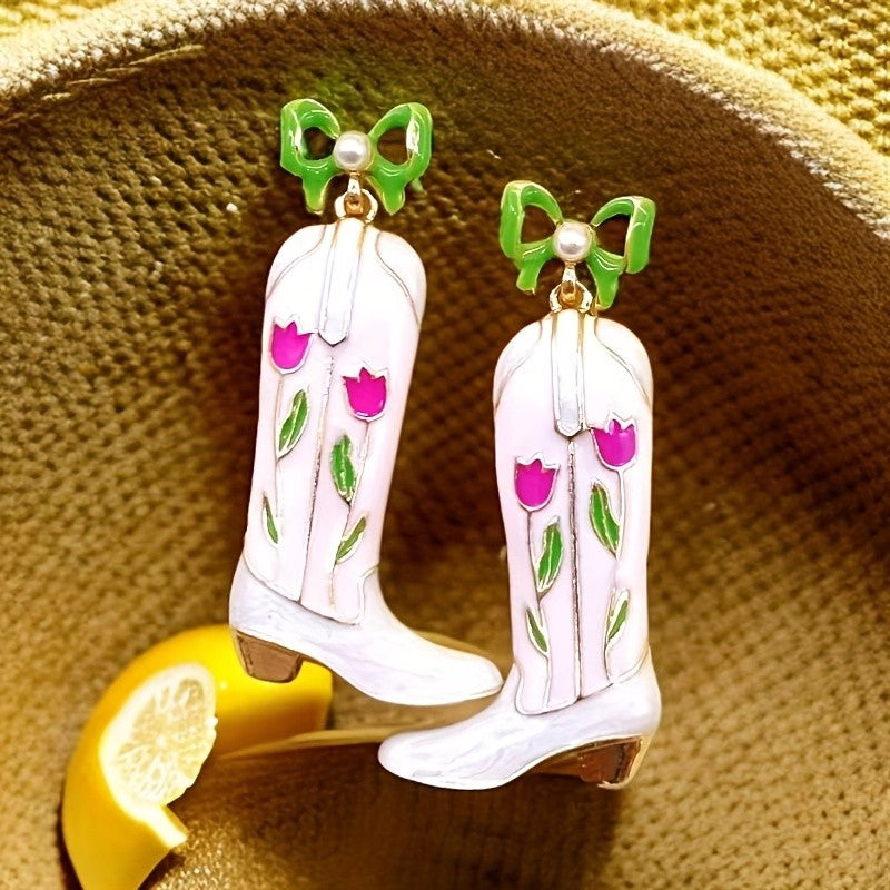 18k Dainty Floral Cowboy Boot Earrings