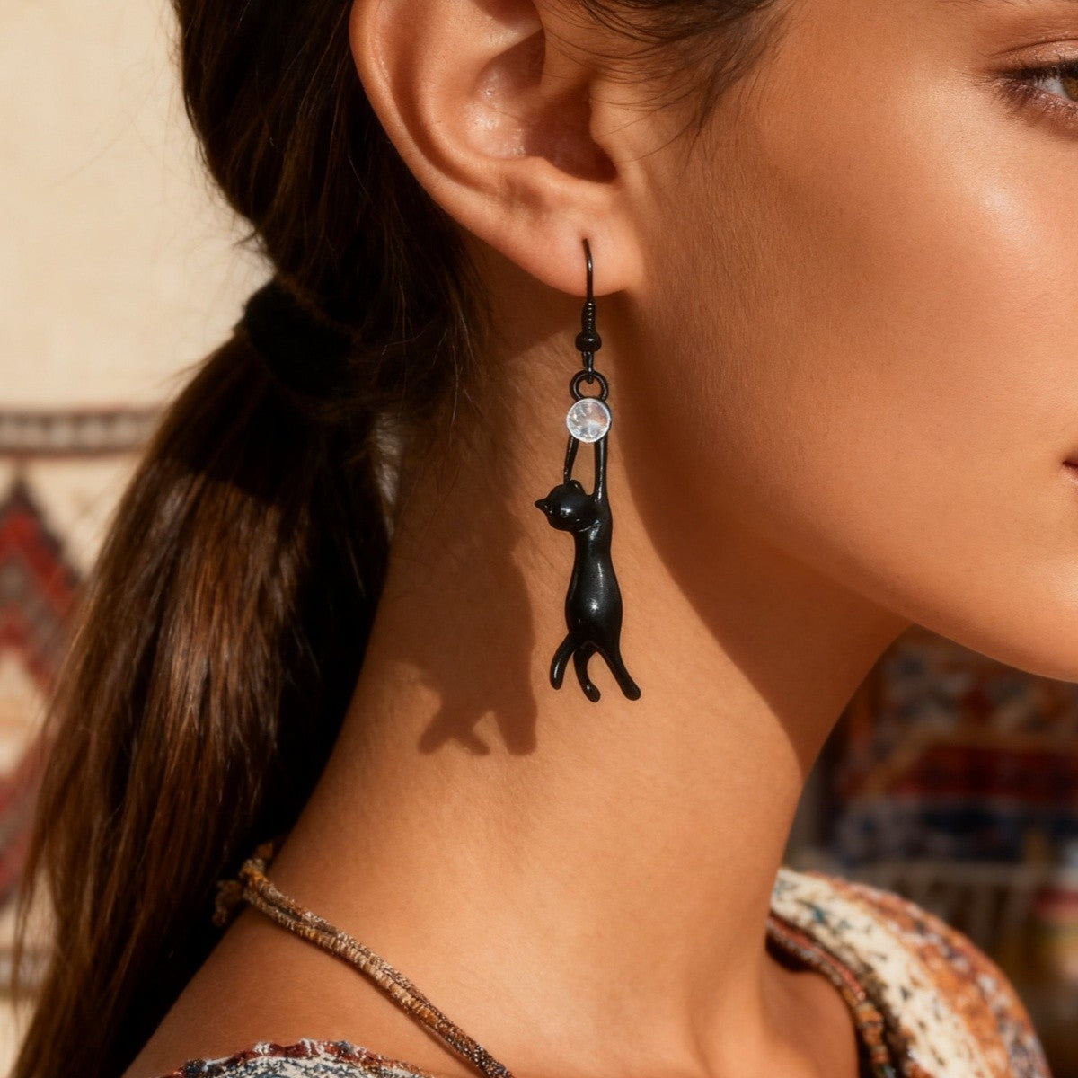 Quirky Black Cat Drop Earrings