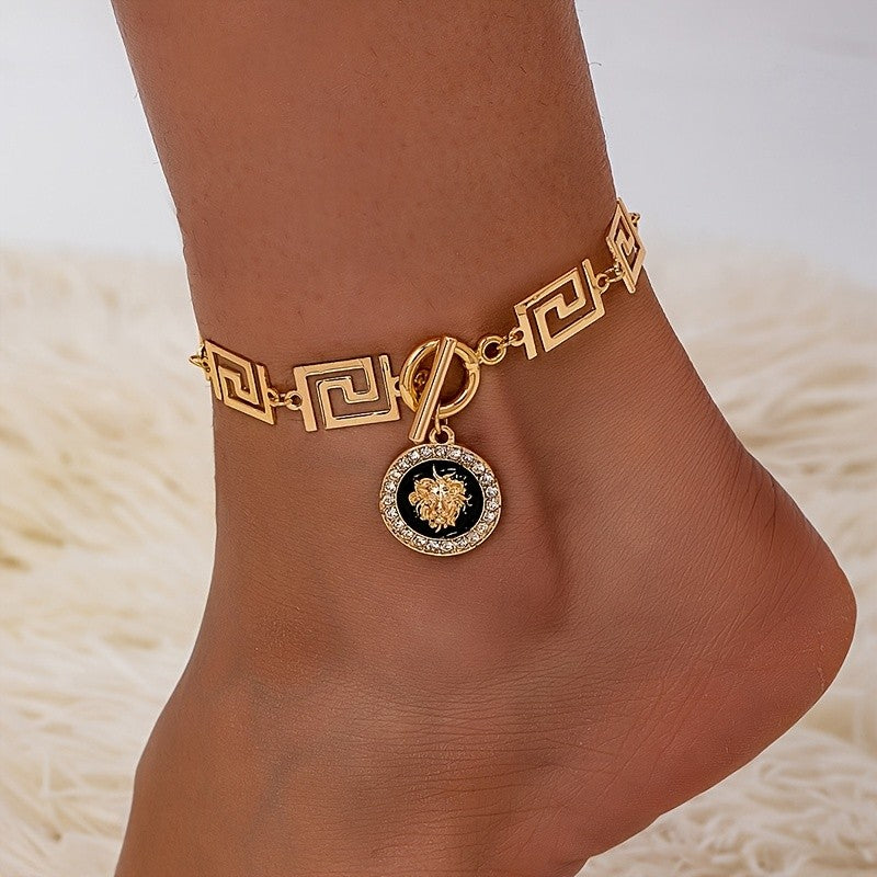 Boho Greek Key Medallion Anklet
