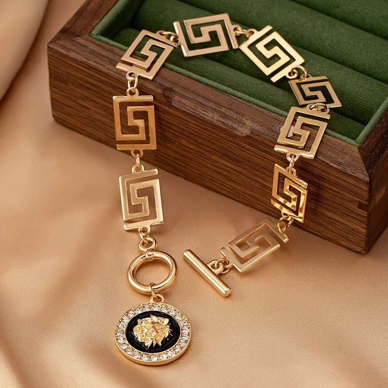 Boho Greek Key Medallion Anklet