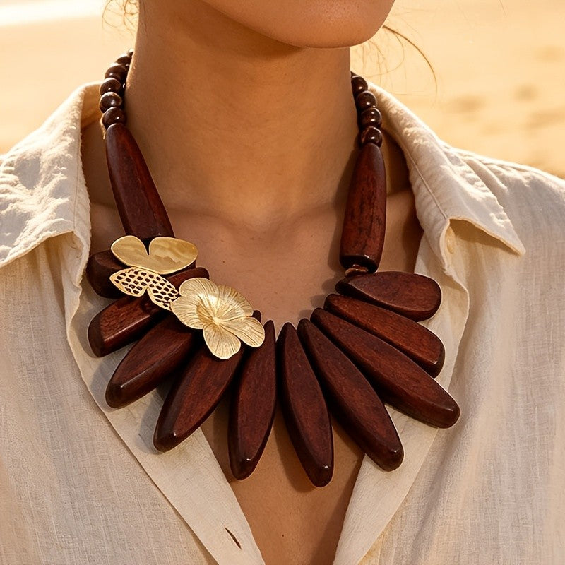 Boho Vintage Wood Floral Necklace
