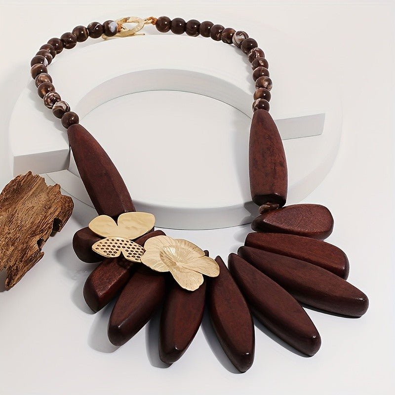 Boho Vintage Wood Floral Necklace