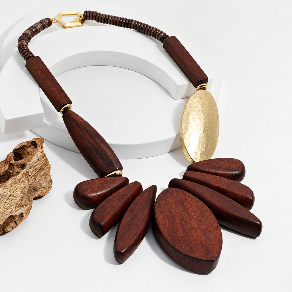 Boho Vintage Wood Floral Necklace