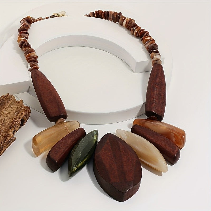 Boho Vintage Wood Floral Necklace