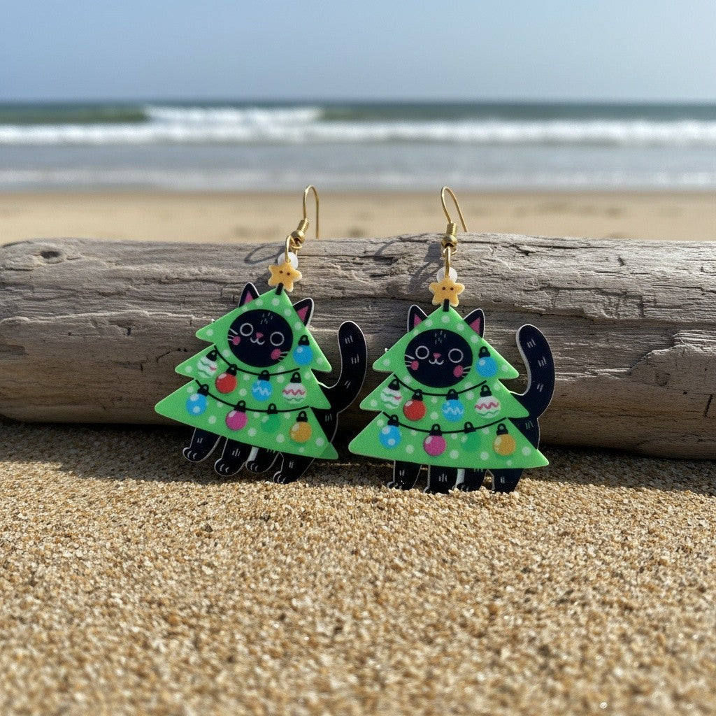 14k Cute Christmas Cat Earrings