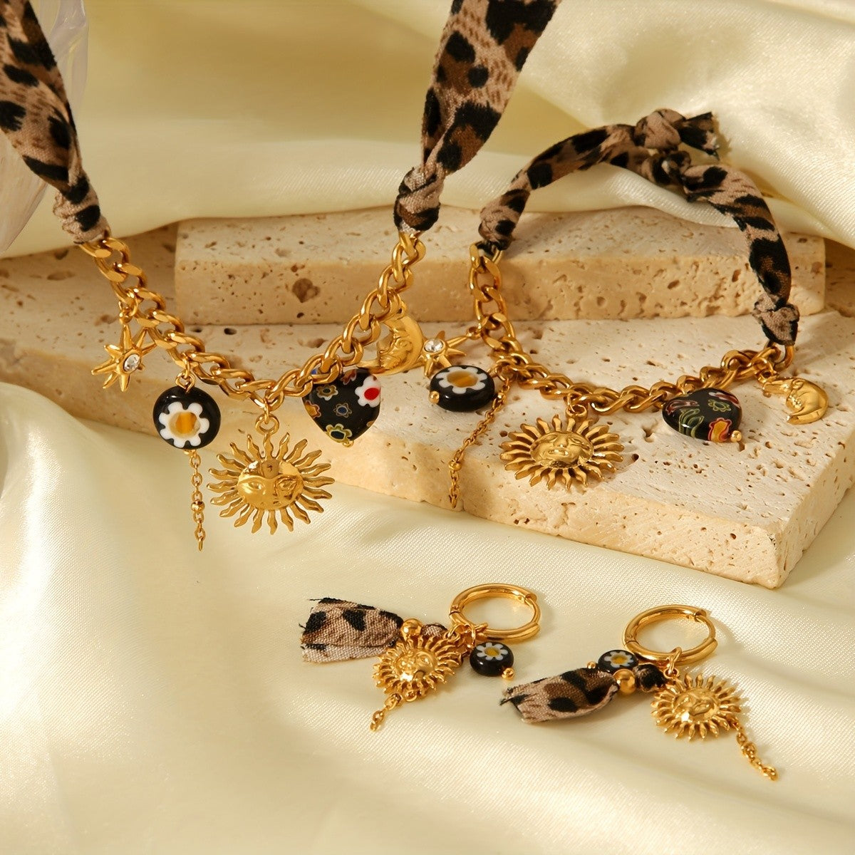 18k Boho Sun Leopard Print Necklace Set