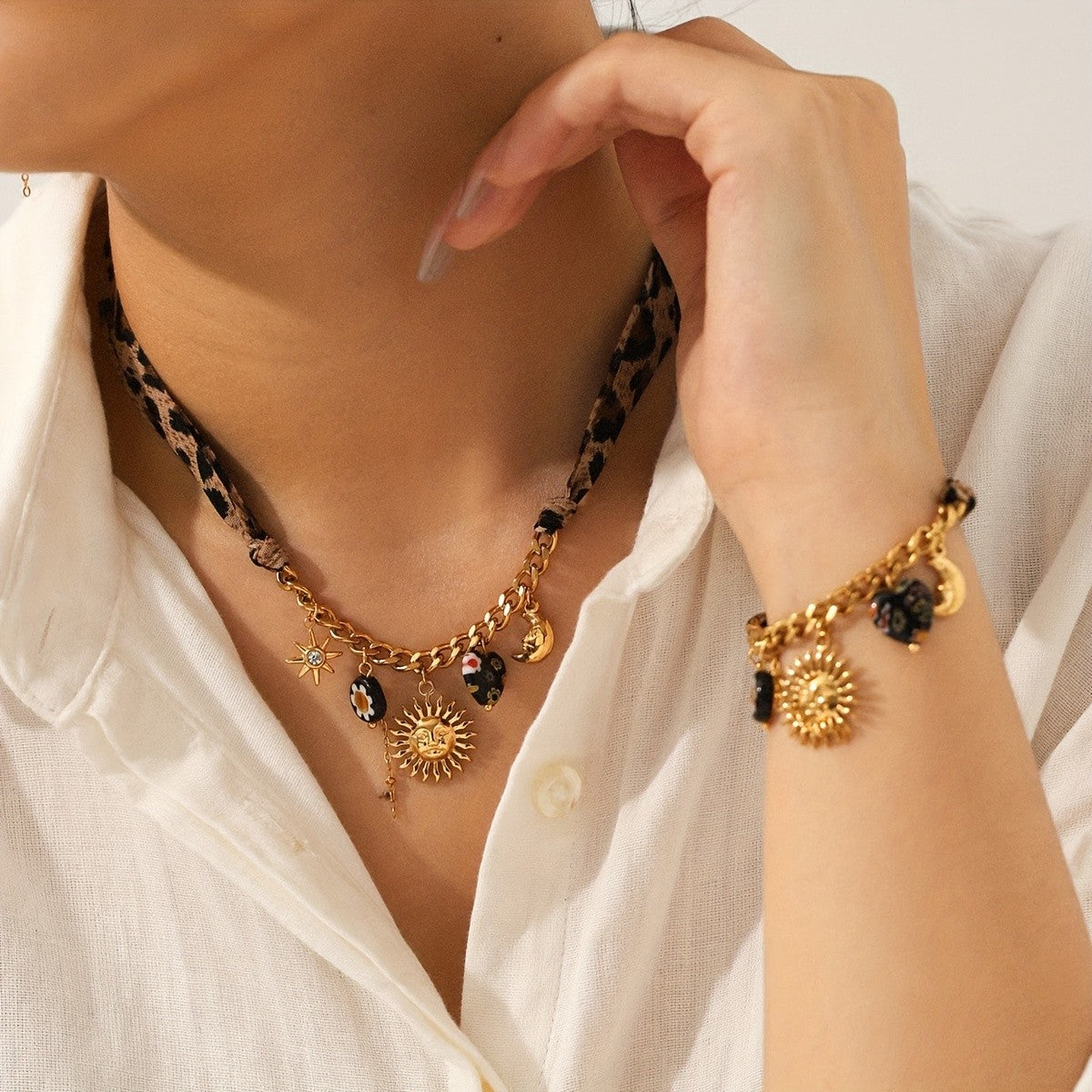 18k Boho Sun Leopard Print Necklace Set