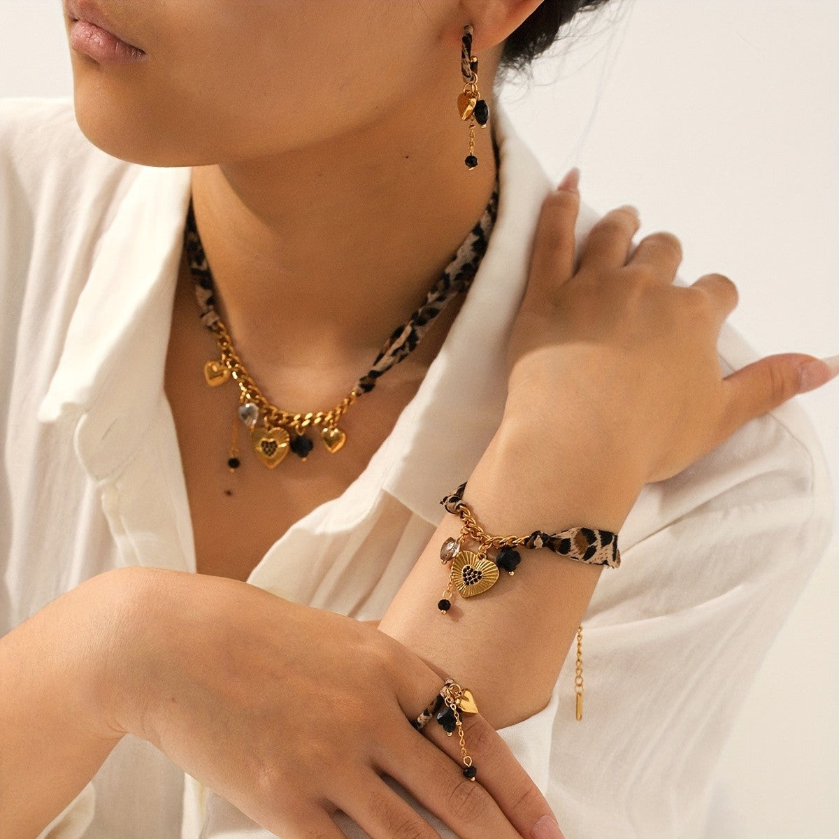 18k Boho Leopard Print Heart Jewelry Set