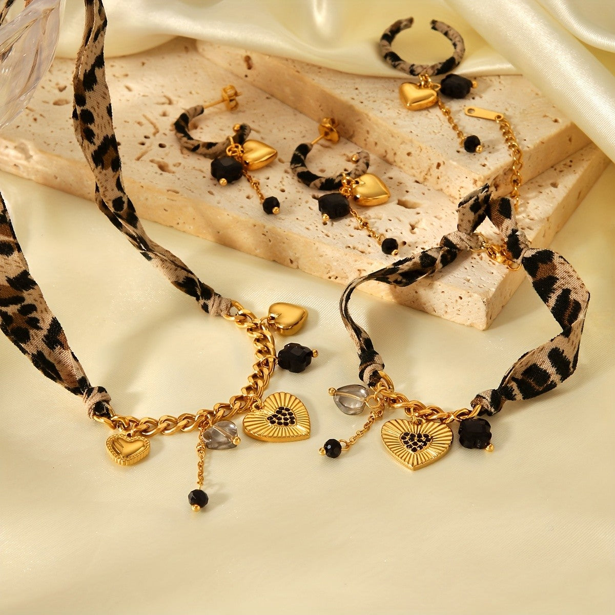 18k Boho Leopard Print Heart Jewelry Set