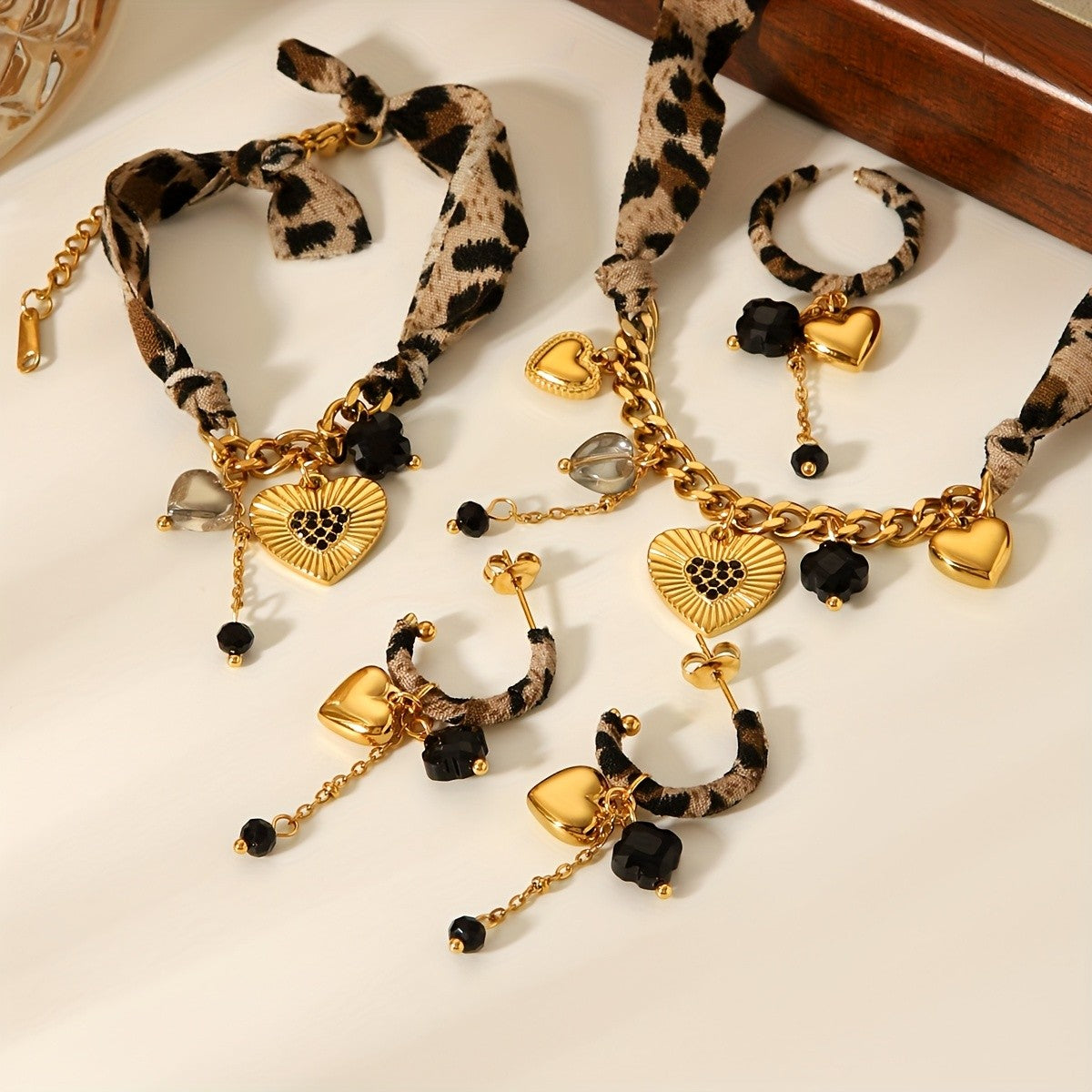 18k Boho Leopard Print Heart Jewelry Set