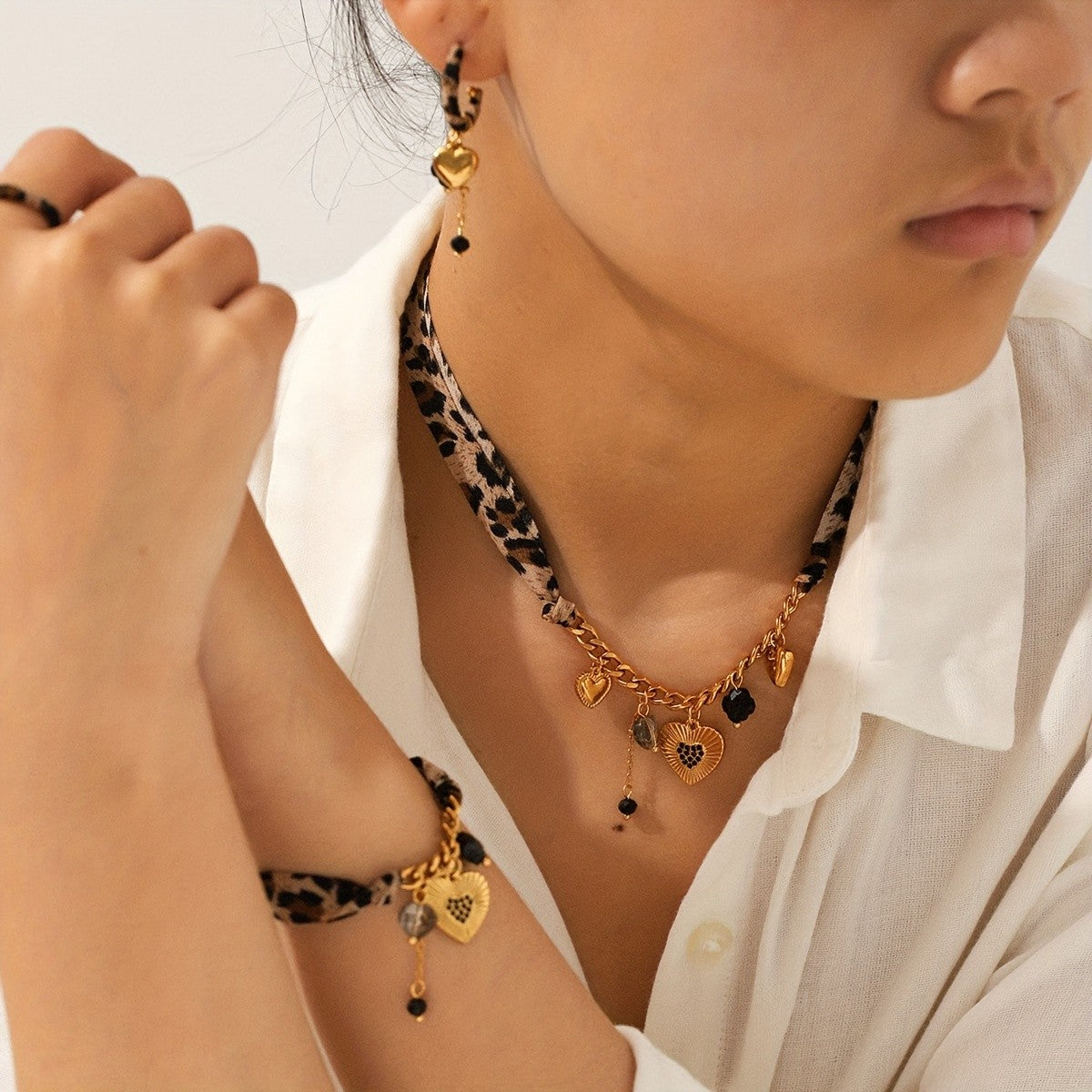 18k Boho Leopard Print Heart Jewelry Set