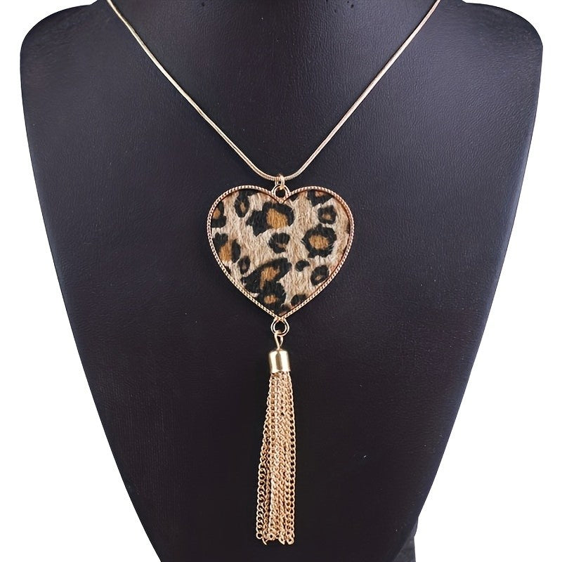 Boho Leopard Print Heart Tassel Necklace