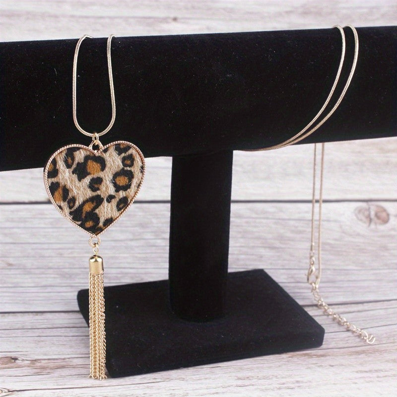 Boho Leopard Print Heart Tassel Necklace