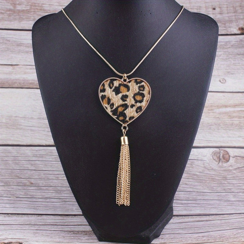 Boho Leopard Print Heart Tassel Necklace