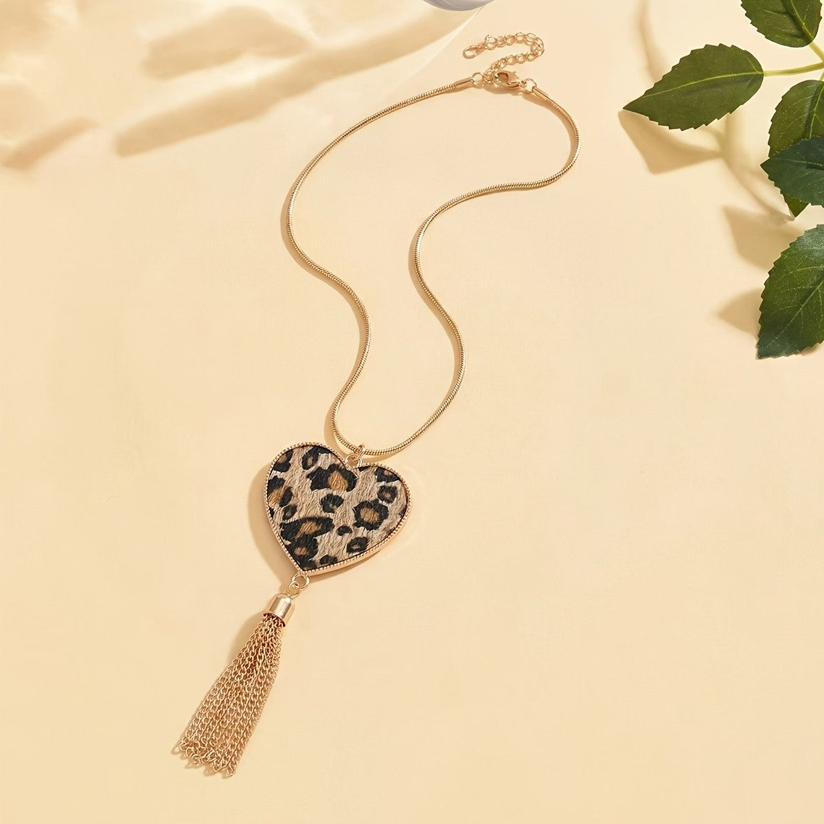 Boho Leopard Print Heart Tassel Necklace
