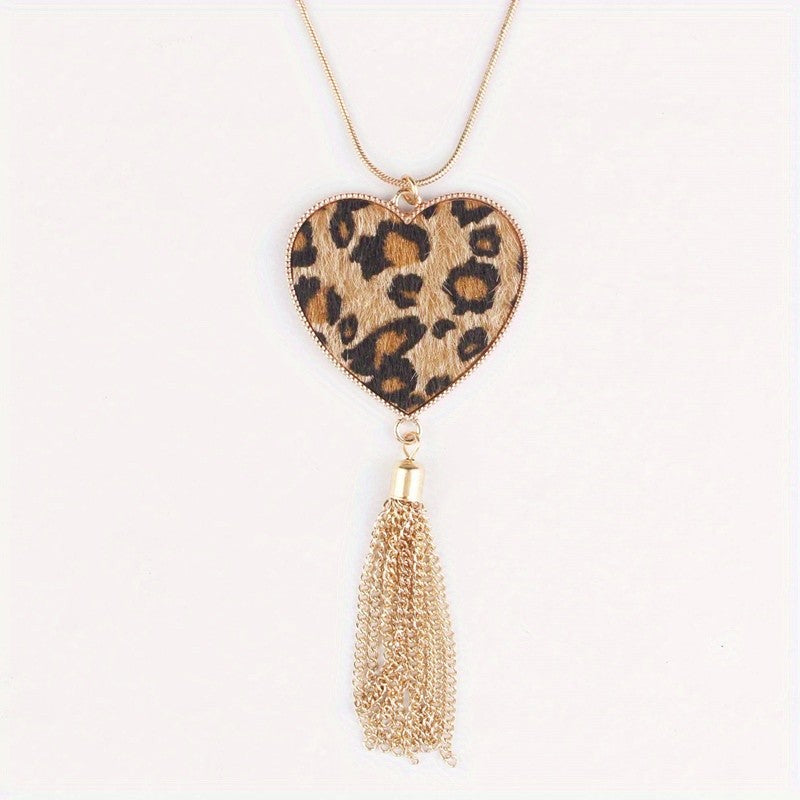 Boho Leopard Print Heart Tassel Necklace