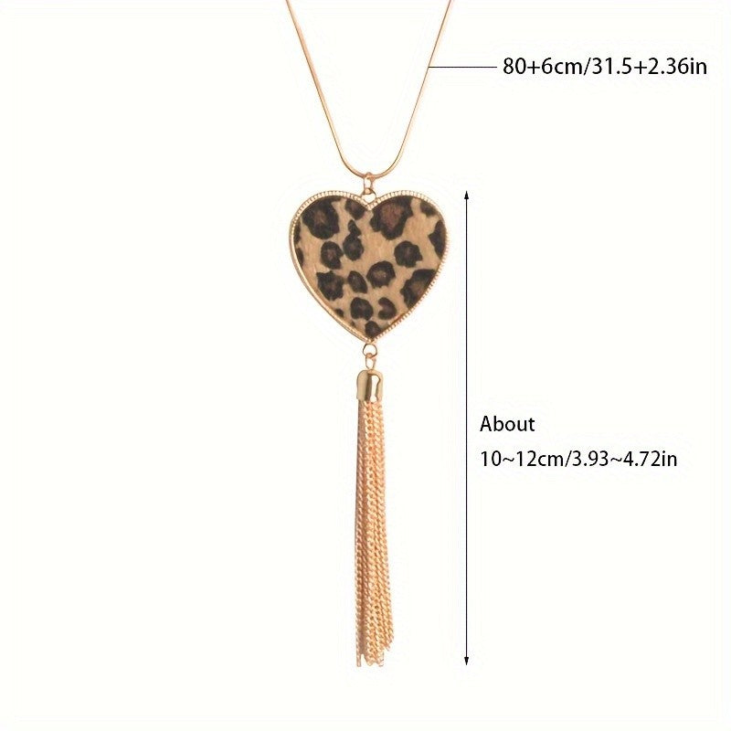 Boho Leopard Print Heart Tassel Necklace