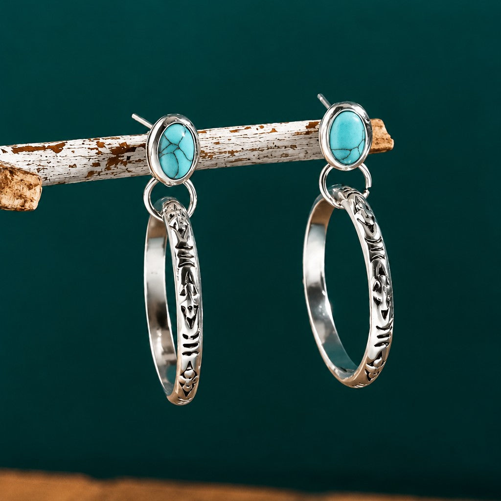 Boho Turquoise Textured Hoop Earrings