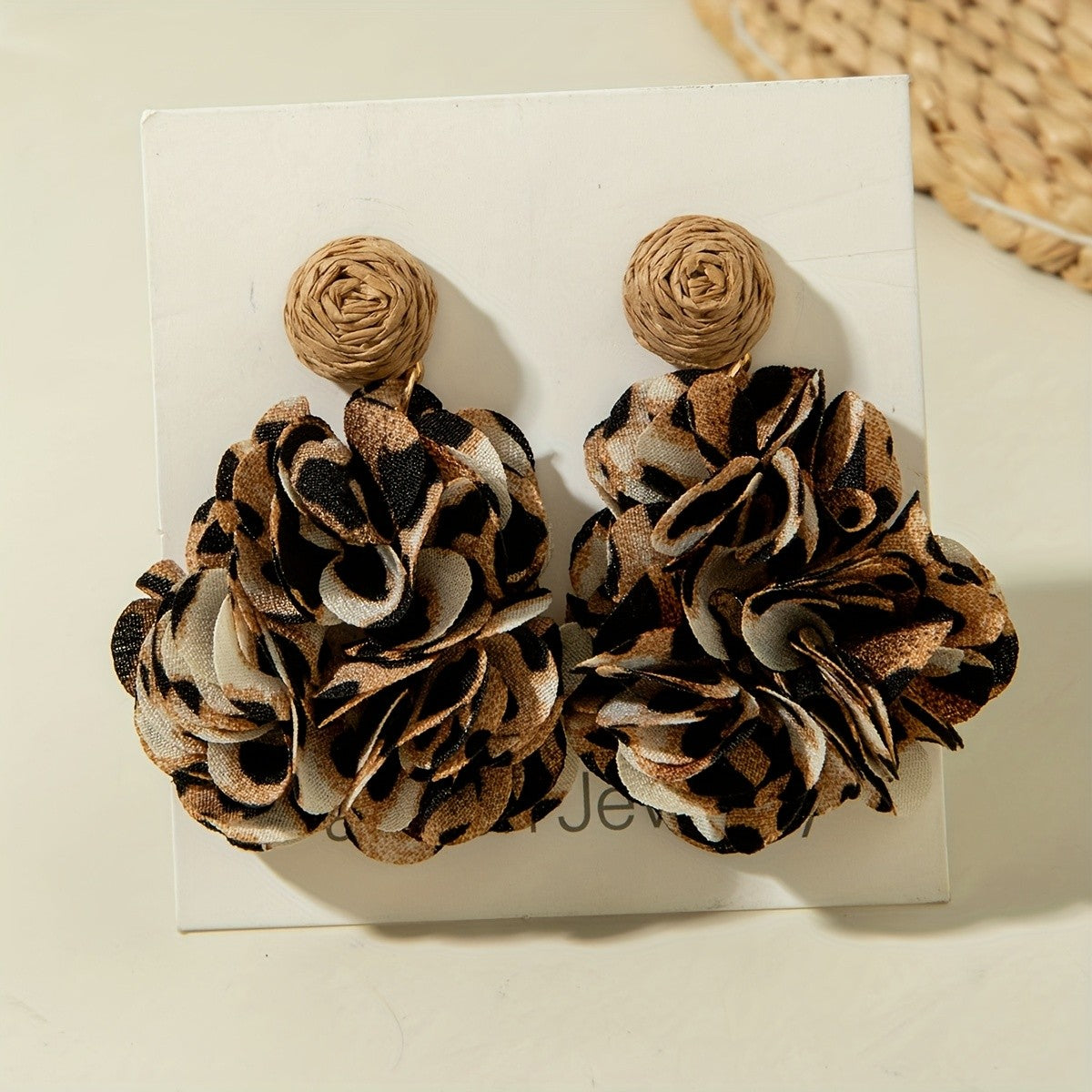 Leopard Print Fabric Flower Drop Earrings