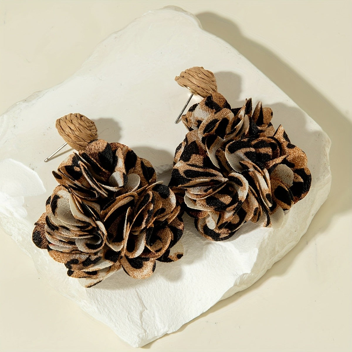 Leopard Print Fabric Flower Drop Earrings