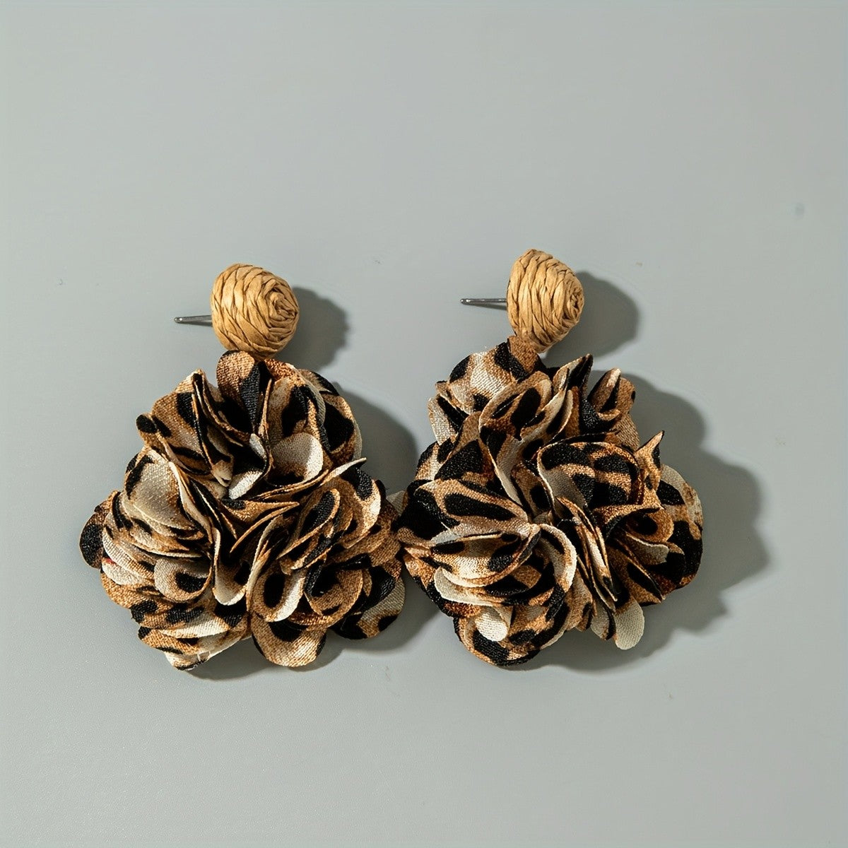Leopard Print Fabric Flower Drop Earrings